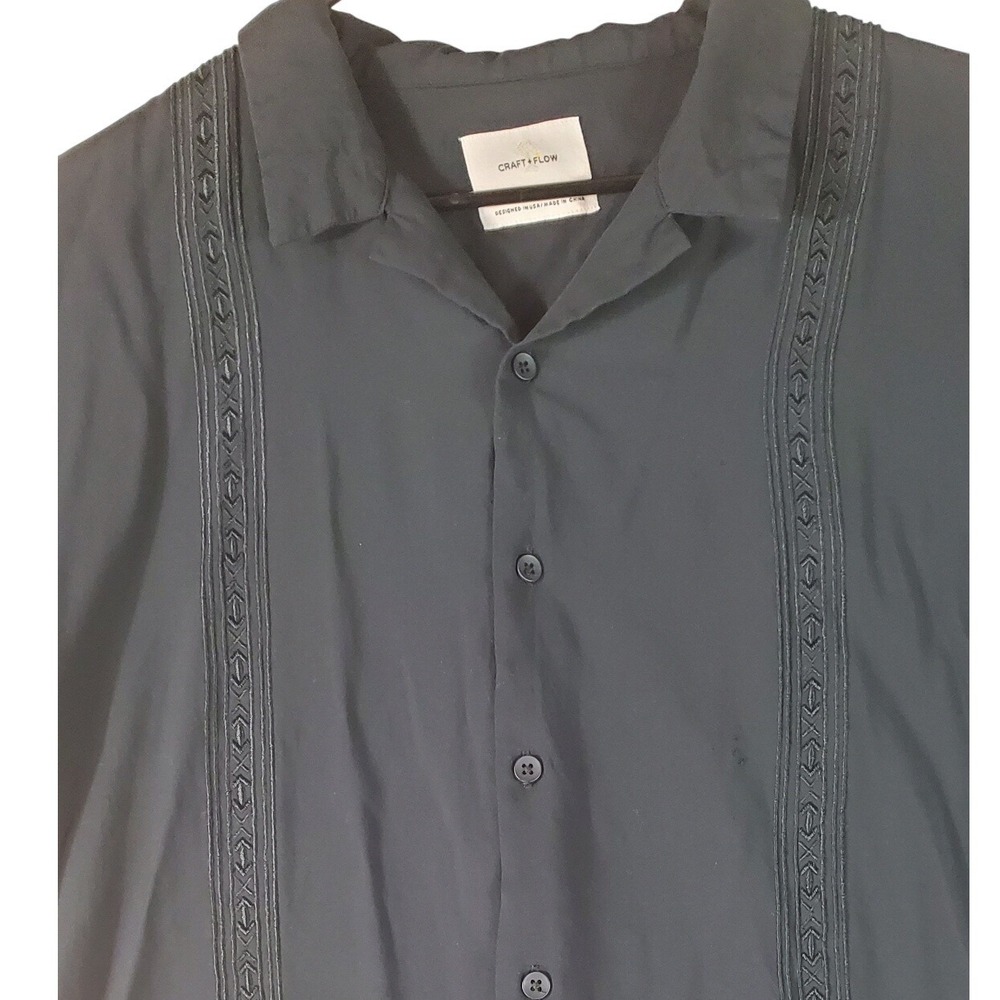 Craft + Flow Mens XL Black Short Sleeve Embroidered Button Down Shirt Casual‎